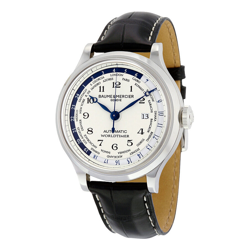 Baume and Mercier Capeland Worldtimer Automatic Off White Dial Black Leather Men's Watch 10106#MOA10106 - Watches of America