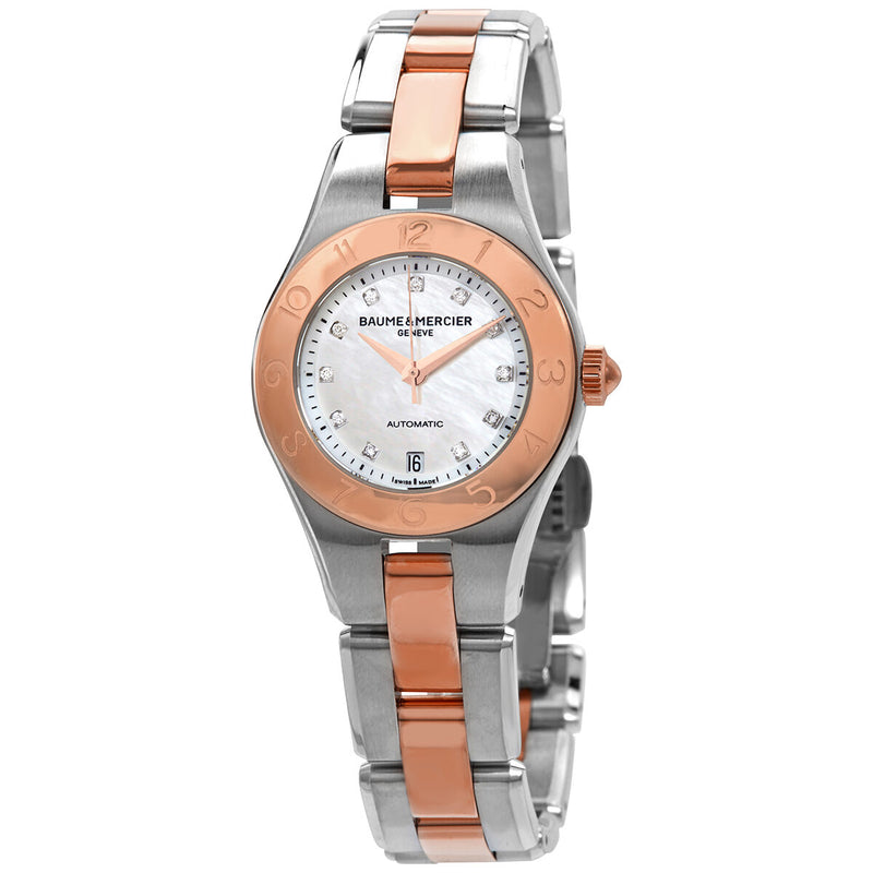 Baume and Mercier Linea Automatic Mother of Pearl Diamond Dial 18kt Rose Gold Steel Ladies Watch #10114 - Watches of America