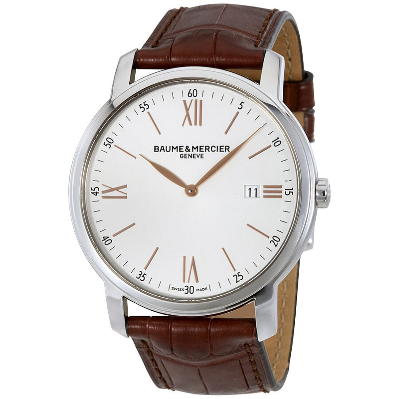 Baume et Mercier Classima Silver Dial Brown Leather Strap Men's 42mm Watch #10144 - Watches of America
