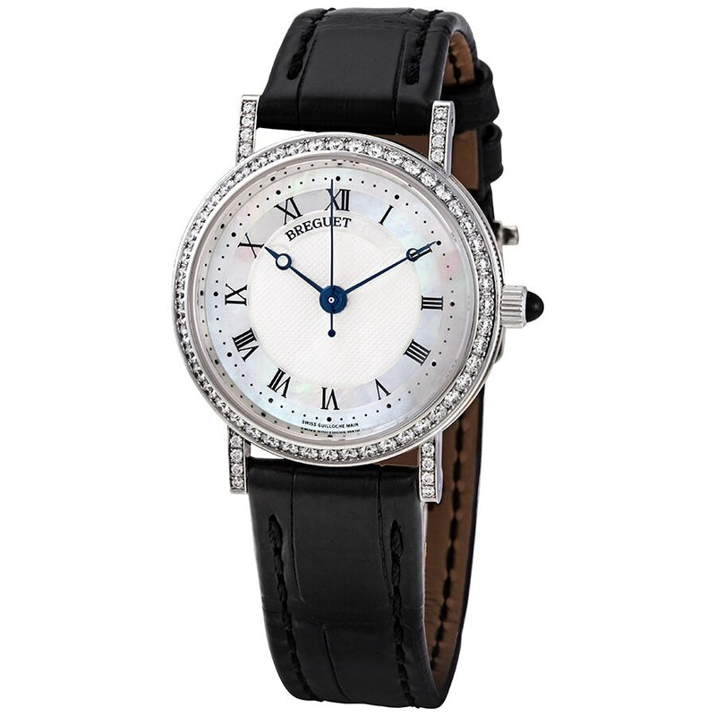Breguet Classique Mother of Pearl Dial 18kt White Gold Diamond Black Leather Ladies Watch 8068BB52964DD00#8068BB/52/964.DD00 - Watches of America