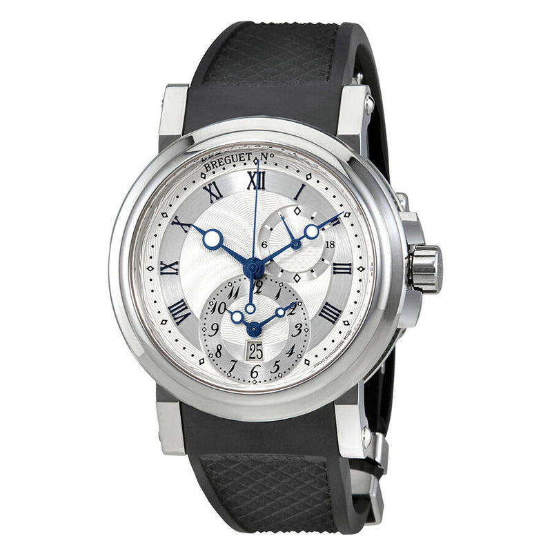 Breguet Marine Dual Time Silver Dial Black Rubber Men s Watch