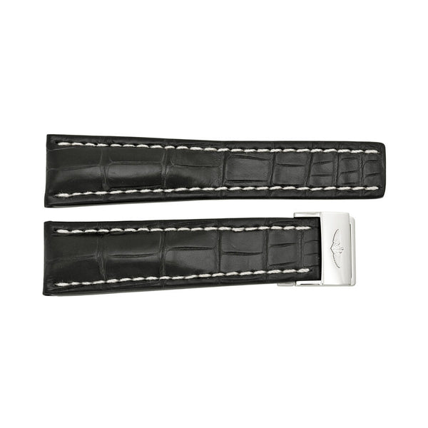 Breitling Black Watch band Strap with White Stitching and a Stainless Steel Foldover Buckle 24-20m#761P-A20D.1 - Watches of America