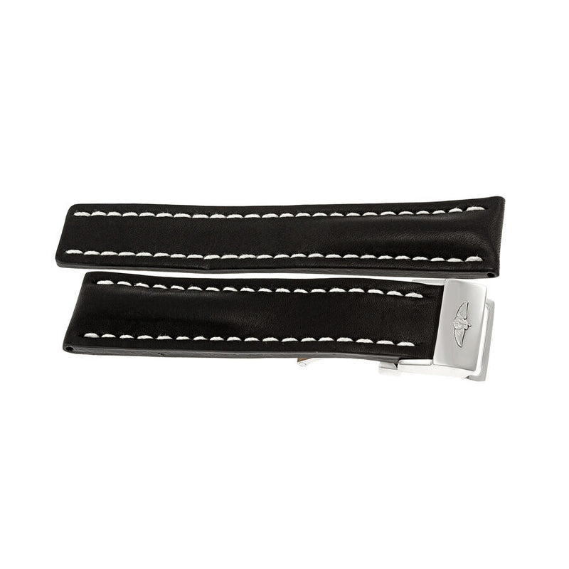 Breitling Black Leather Strap with White Stitching and a Stainless Steel Folding Buckle 22-20mm#436 - Watches of America