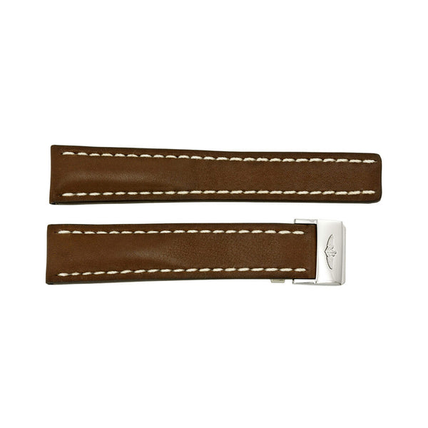 Breitling Brown Leather Watch Band Strap with White Stitching with a Stainless Steel Deployment Buckle 20-18mm#432X-A18D.1 - Watches of America