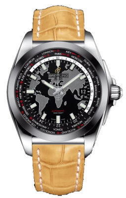 Breitling Galactic Unitime Black Dial Camel Leather Men's Watch WB3510U4-BD94CMCT#WB3510U4/BD94CMCT - Watches of America