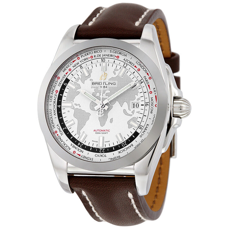 Breitling Galactic Unitime White Dial Dark Brown Leather Men's Watch WB3510U0-A777DBRLT#WB3510U0-A777-437X-A20BA.1 - Watches of America