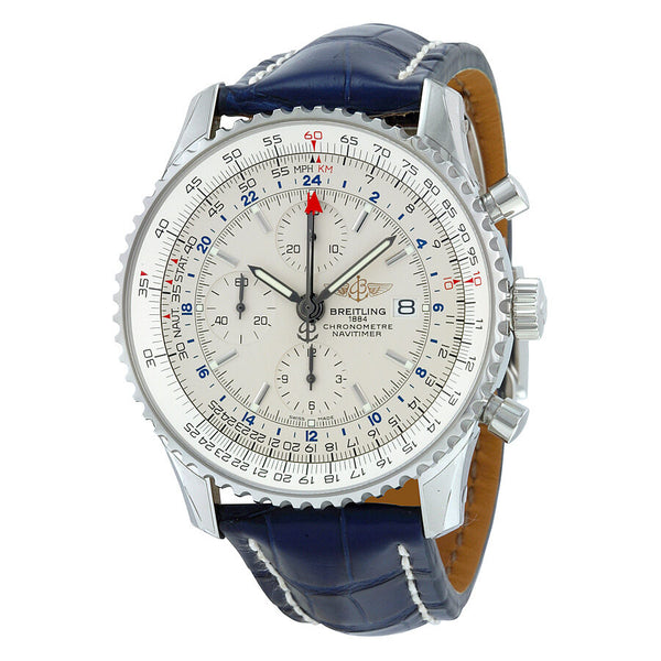 Breitling Navitimer World Chronograph Automatic Silver Dial Blue Leather Men's Watch A2432212-G571BLCD#A2432212-G571-747P-A20D.1 - Watches of America
