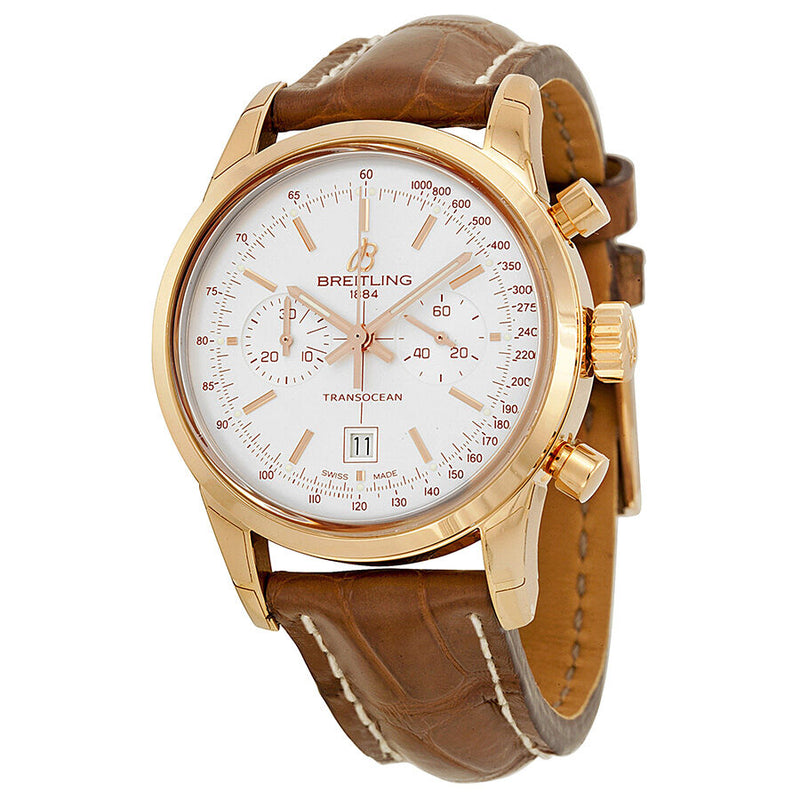 Breitling Transocean Chronograph 38 Silver Dial 18kt Rose Gold Leather Men's Watch R4131012-G758BRCT#R4131012-G758-724P-R18BA.1 - Watches of America