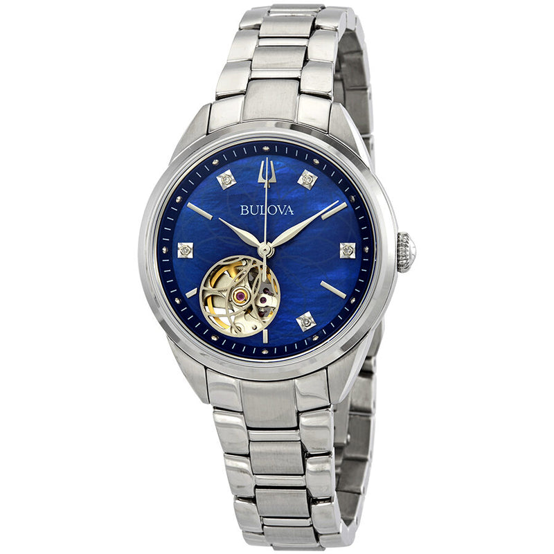 Bulova Classics Automatic Blue Mother of Pearl Diamond Dial Ladies Watch #96P191 - Watches of America