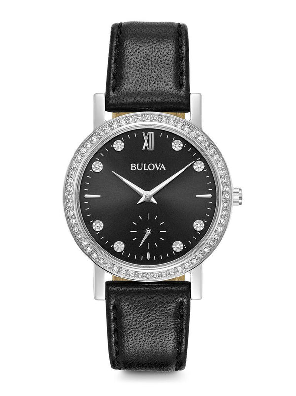 Bulova Crystal Quartz Black Dial Black Leather Ladies Watch #96L246 - Watches of America