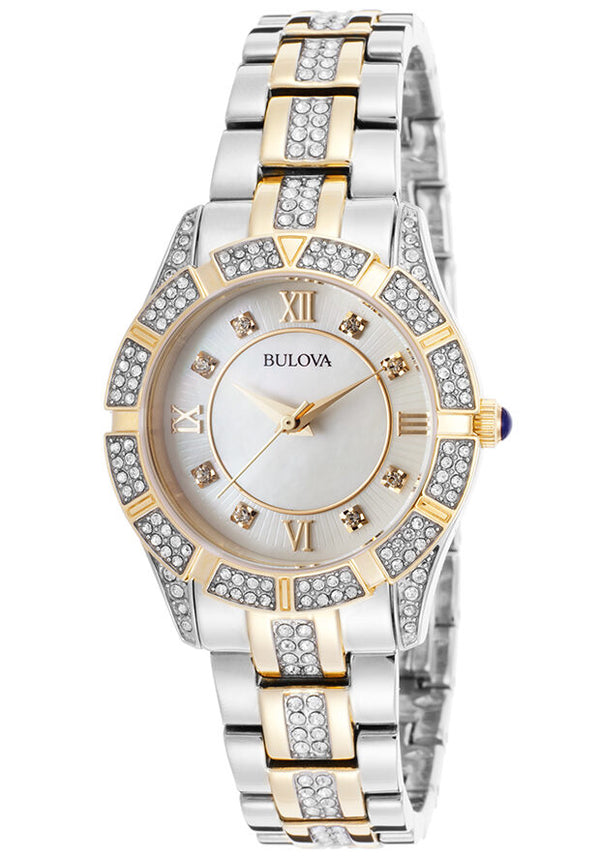 Bulova Crystal White Mother of Pearl Dial Ladies Watch #98L135 - Watches of America