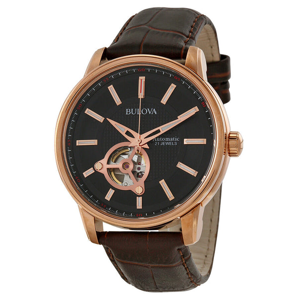 Bulova Mechanical Black Dial Rose Gold-tone Men's Watch #97A109 - Watches of America