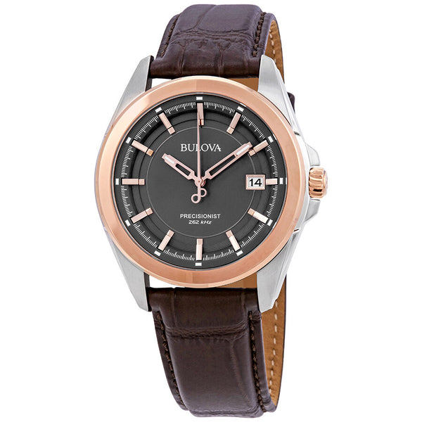 Bulova Precisionist Grey Dial Brown Leather Men's Watch #98B267 - Watches of America