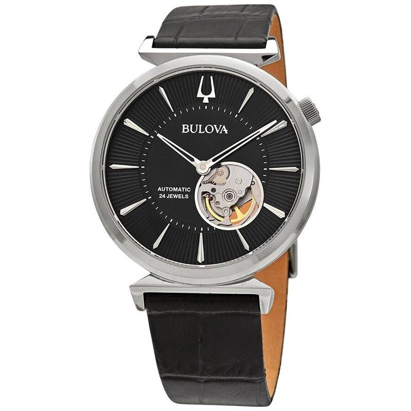 Bulova Regatta Automatic Black Dial Black Leather Men's Watch #96A234 - Watches of America