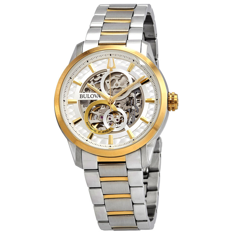 Bulova Sutton Automatic Silver Skeleton Dial Two-tone Men's Watch #98A214 - Watches of America