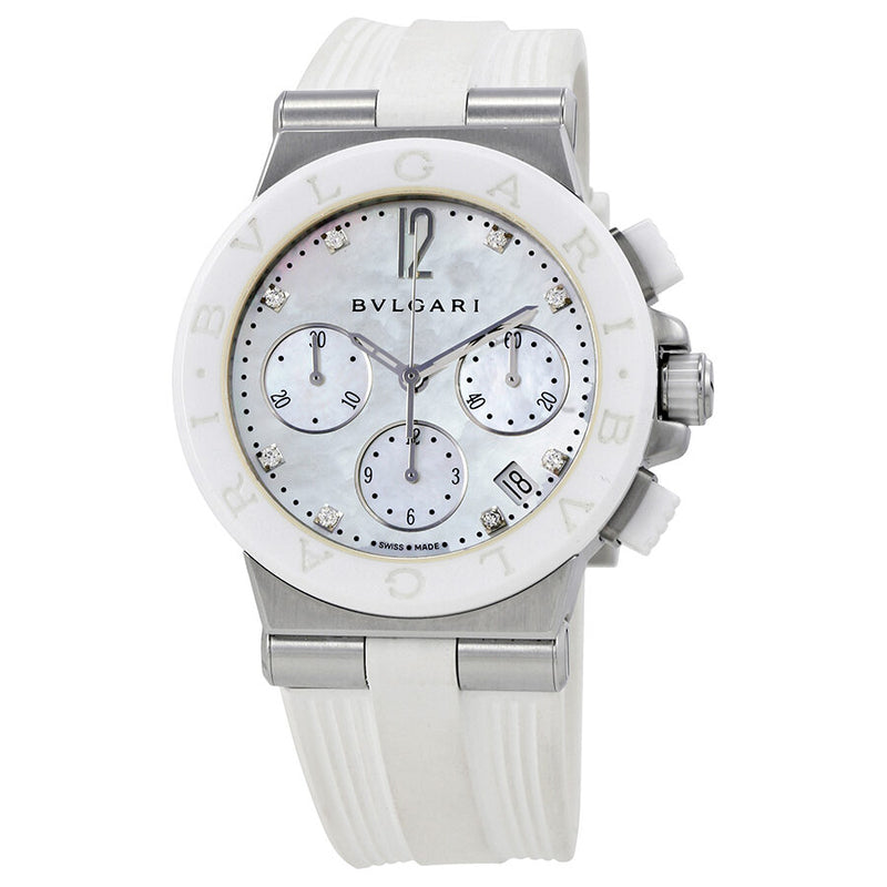Bvlgari Diagono Chronograph White Mother of Pearl Diamond Dial Ladies Watch #101993 - Watches of America