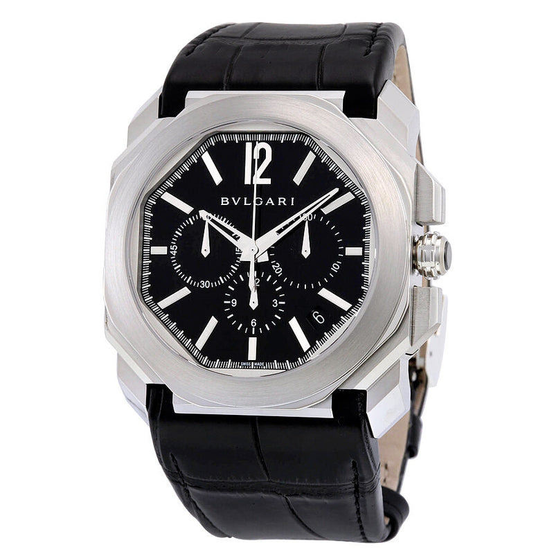 Bvlgari Octo Velocissimo Chronograph Black Lacquered Polished Dial Black Leather Men's Watch #102103 - Watches of America