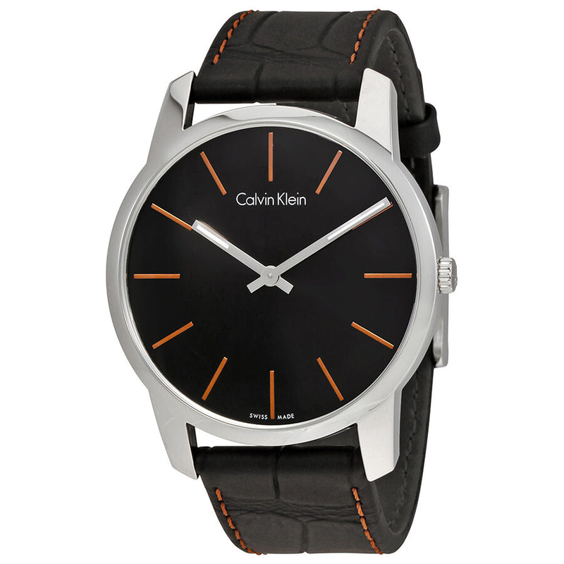 Calvin Klein City Black Dial Black Leather Men's Watch #K2G211C1 - Watches of America