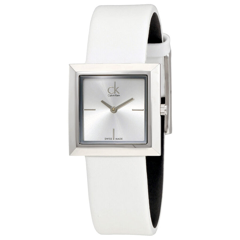 Calvin Klein Mark Silver Dial White Leather Ladies Watch #K3R231L6 - Watches of America