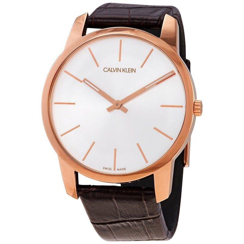 Calvin Klein Quartz Silver Dial Brown Leather Men's Watch #K2G21629 - Watches of America