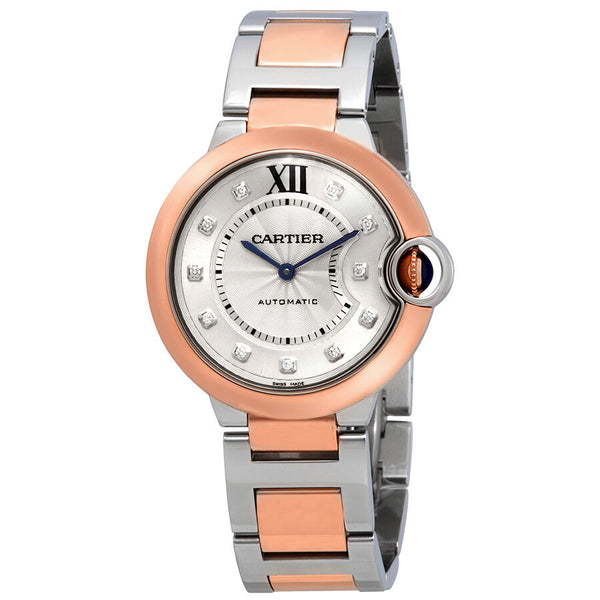 Cartier Ballon Bleu Automatic Diamond Dial Ladies Steel and 18kt Rose Gold Watch #W3BB0013 - Watches of America