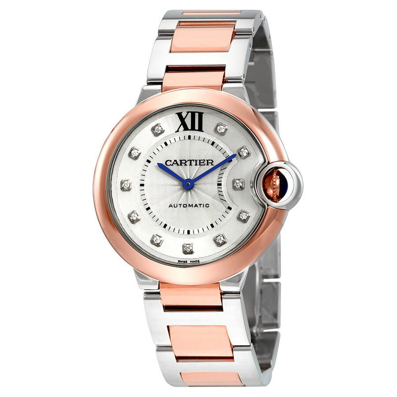 Cartier Ballon Bleu Automatic Silver Diamond Dial Steel and 18K Pink Gold Ladies Watch #W3BB0007 - Watches of America