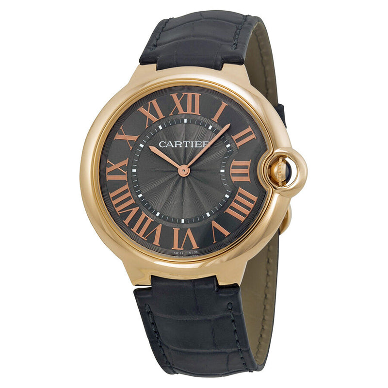 Cartier Ballon Bleu 18kt Rose Gold Mechanical Grey Dial Black Leather Men's Watch #W6920089 - Watches of America