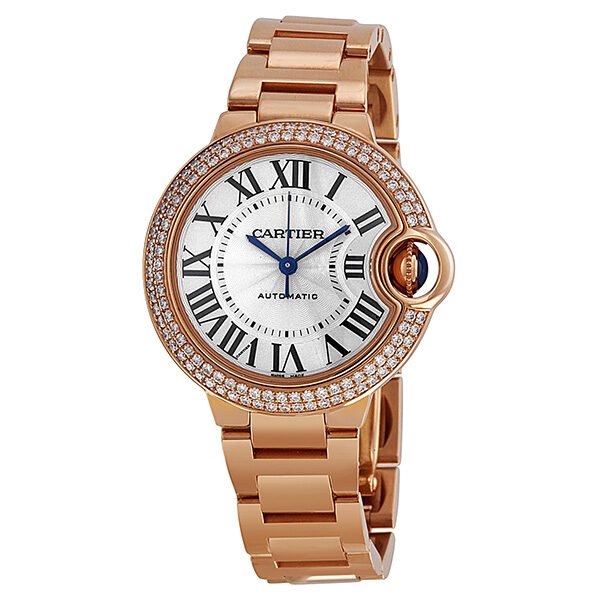 Cartier Ballon Bleu Silver Dial 18kt Rose Gold Diamond Ladies Watch #WE902034 - Watches of America