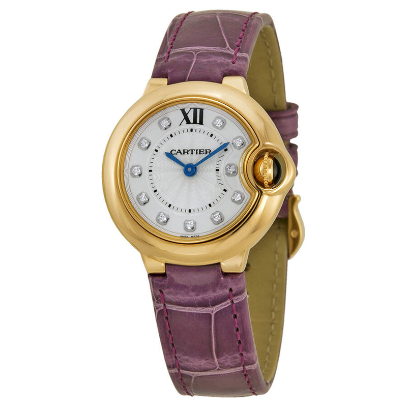 Cartier Ballon Bleu Silver Diamond Dial 18kt Rose Gold Purple Leather Ladies Watch #WE902050 - Watches of America