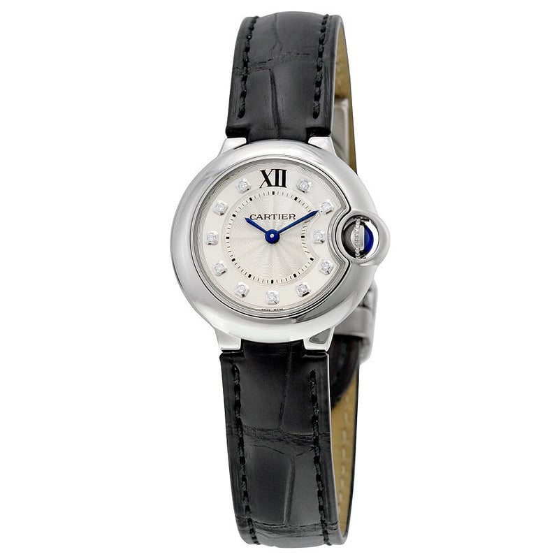 Cartier Ballon Bleu Silver Diamond Dial Black Alligator Leather #W4BB0008 - Watches of America