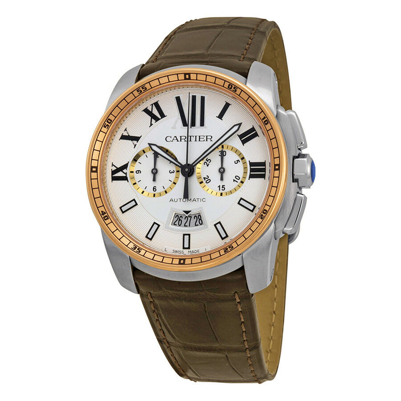 Cartier Calibre De Cartier Silver Dial Stainless Steel 18kt Pink Gold Brown Alligator Men's Watch #W7100043 - Watches of America