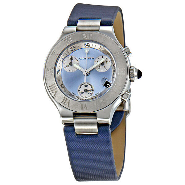 Cartier Chronoscaph Silvered Blue Sunburst Dial Chronograph Ladies Watch #W1020013 - Watches of America