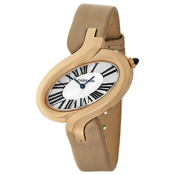 Cartier Delice Silver Dial 18kt Rose Gold Beige Satin Ladies Watch #W8100011 - Watches of America