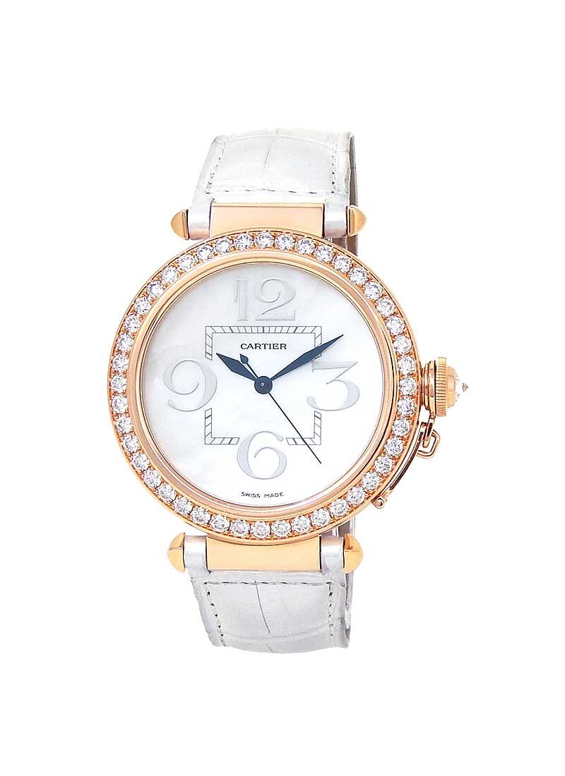 Cartier Pasha Mother of Pearl 18kt Rose Gold White Leather Ladies Watch #WJ124005 - Watches of America