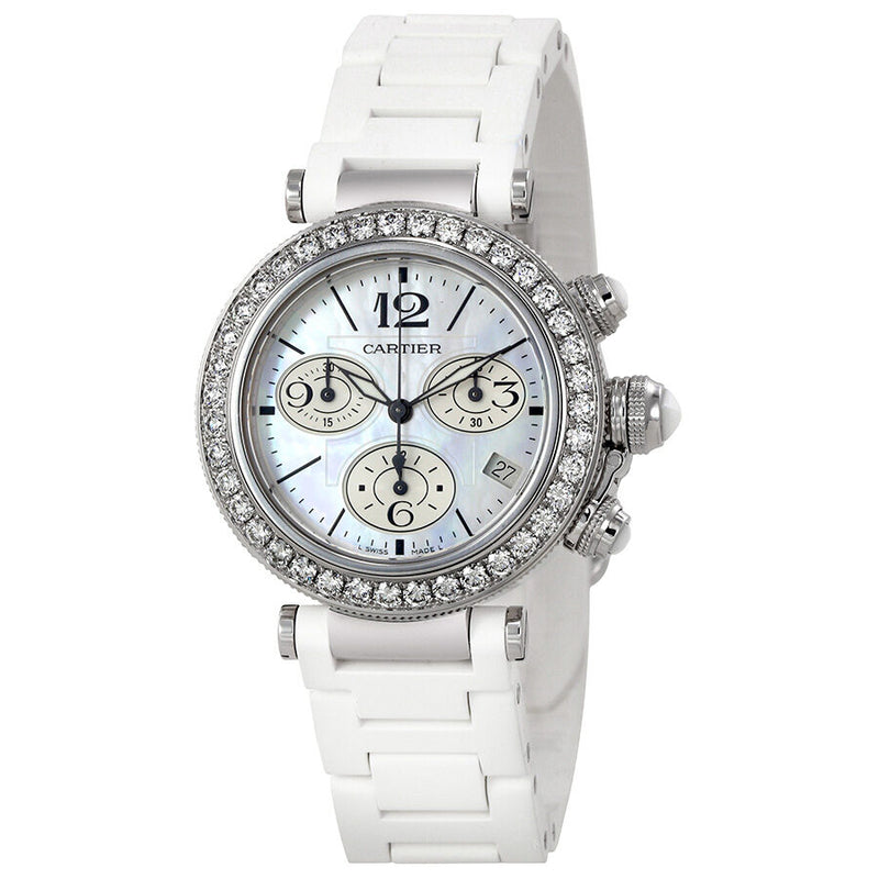Cartier Pasha Seatimer 18kt White Gold Chronograph Mother of Pearl Dial Ladies Watch #WJ130003 - Watches of America