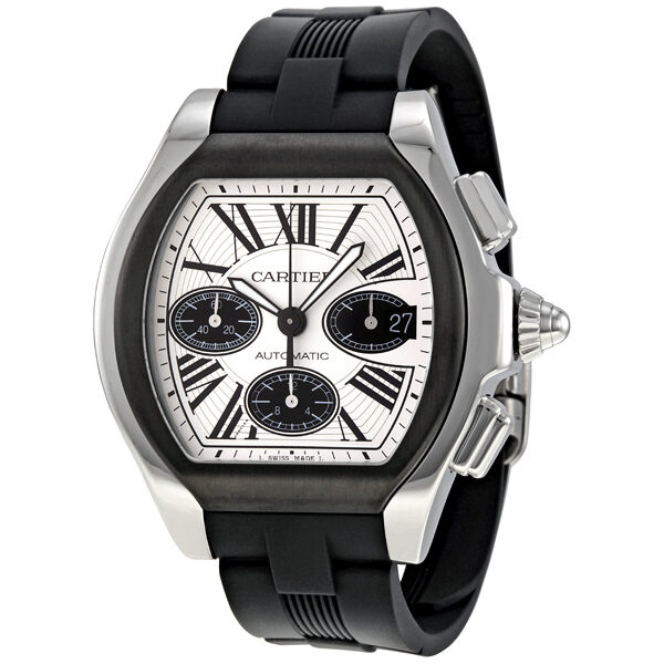 Cartier Roadster Chronograph Silver Dial Black Rubber Automatic Men's Watch #W6206020 - Watches of America