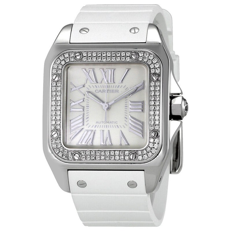 Cartier Santos  de Cartier 100 Opaline Dial White Rubber Ladies Watch #WM50460M - Watches of America