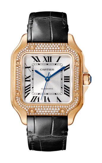 Cartier Santos De Cartier 18kt Rose Gold Automatic Diamond Silver Dial Men's Watch #WJSA0007 - Watches of America