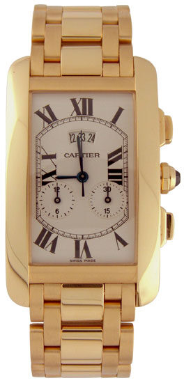 Cartier Tank Americaine 18kt Yellow Gold Chronograph Men's Watch #W26058K2 - Watches of America
