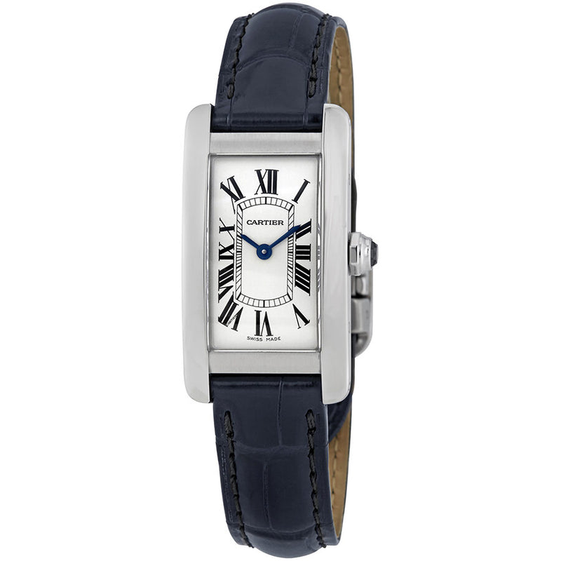 Cartier Tank Americaine Silver Dial Navy Leather Ladies Watch #WSTA0016 - Watches of America