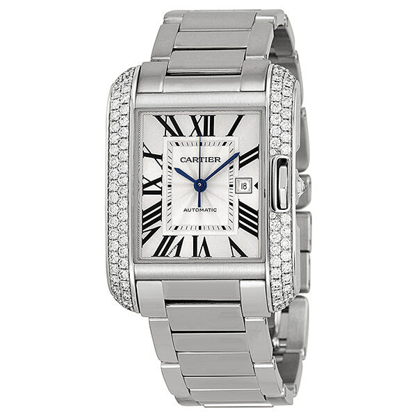 Cartier Tank Anglaise Silver Dial 18kt White Gold Diamond Ladies Watch #WT100009 - Watches of America