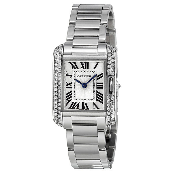 Cartier Tank Anglaise Silver Dial Lacquered Flinque Dial 18kt Rhodiumised White Gold Ladies Watch #WT100008 - Watches of America