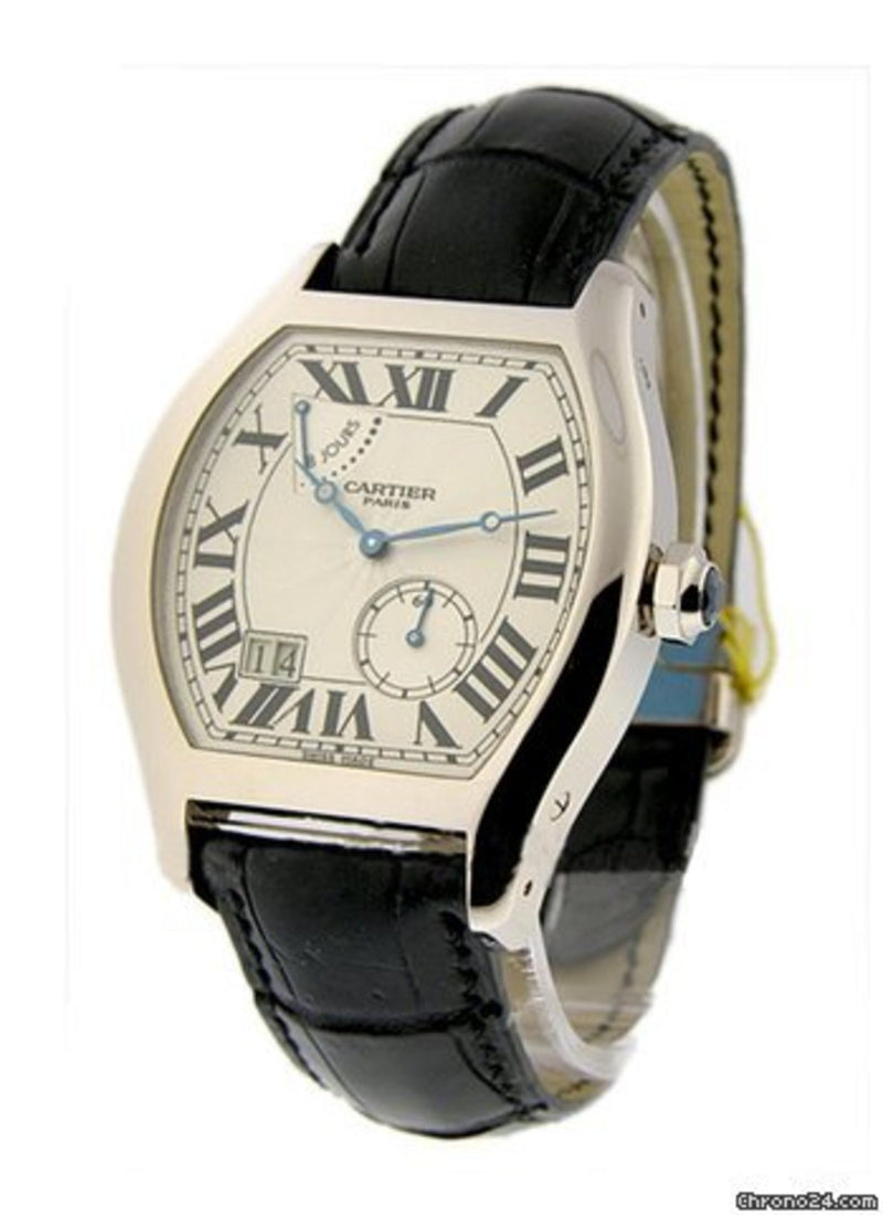 Cartier Tortue XL Silver Guilloche Dial Men's 18 Carat White Gold Watch #W1545951 - Watches of America