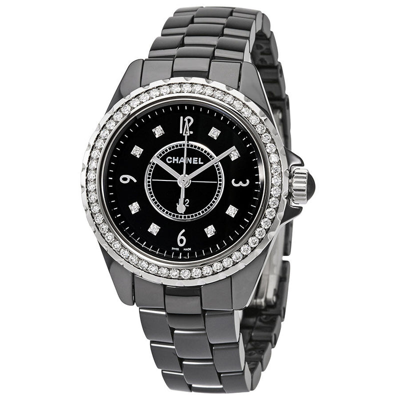 Chanel J12 Diamond Black Dial Black Ceramic Ladies Watch #H3108 - Watches of America