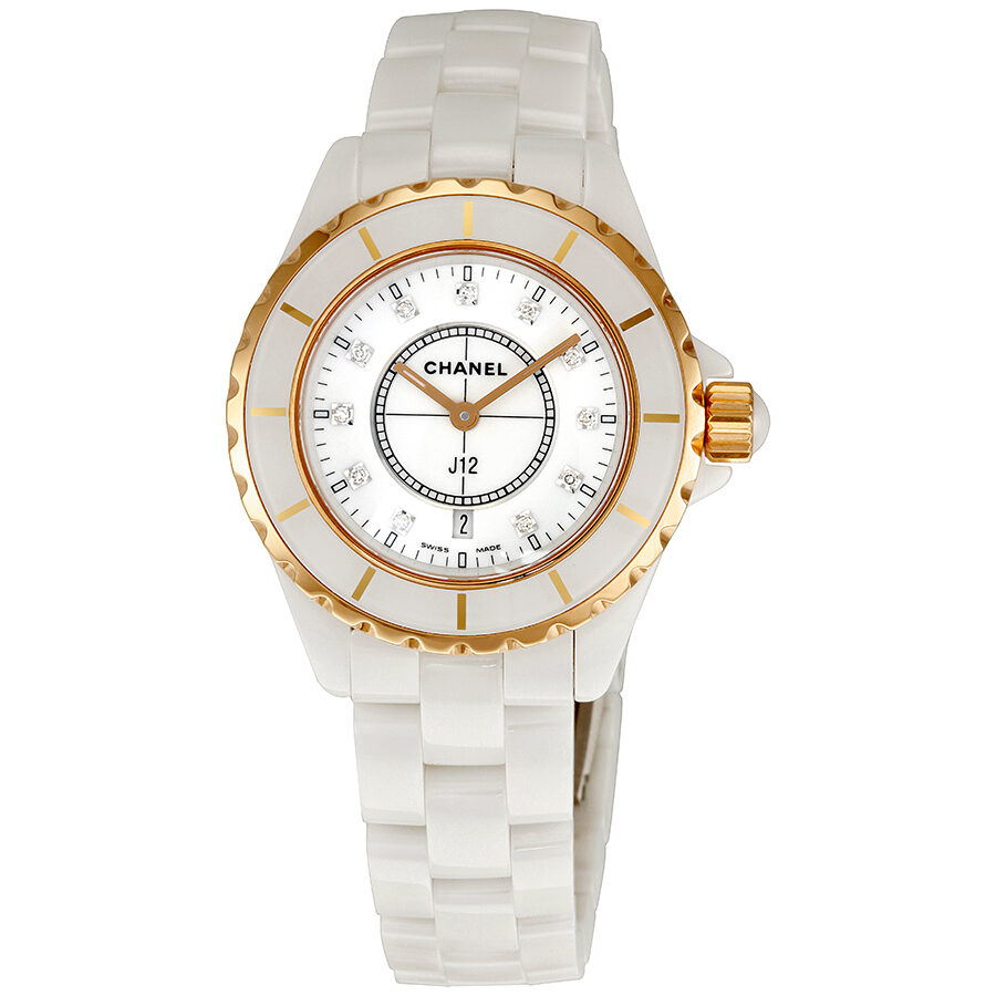 Chanel J12 Quartz H2181 White Ceramic Diamond Gold Tone Watch