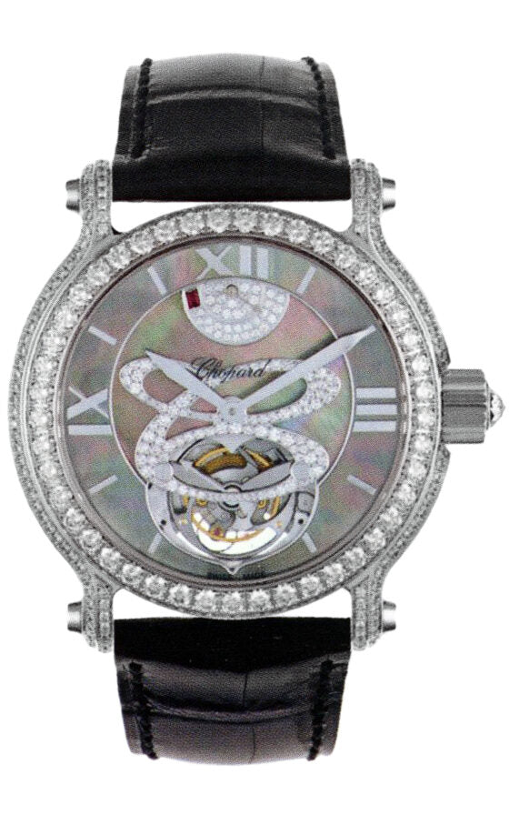 Chopard Classic Black Mother of Pearl Dial 18kt White Gold Diamond Black Leather Tourbillon Ladies Watch #134188-1007 - Watches of America