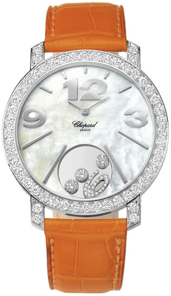 Chopard Happy Diamonds Mother of Pearl Dial 18kt White Gold Diamond Leather Ladies Watch #207450-1005 - Watches of America