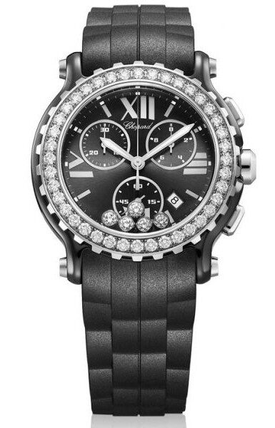 Chopard Happy Sport Black Dial Chronograph Ceramic and White Gold Ladies Watch #288515-9006 - Watches of America