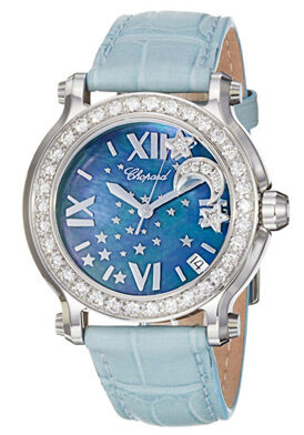 Chopard Happy Sport Blue MOP Dial Blue Leather Floating Diamond Moon Ladies Watch #278475-2001 - Watches of America