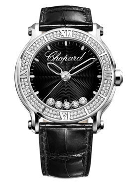 Chopard Happy Sport Round Diamond Black Dial Black Leather Ladies Watch #288525-3006 - Watches of America